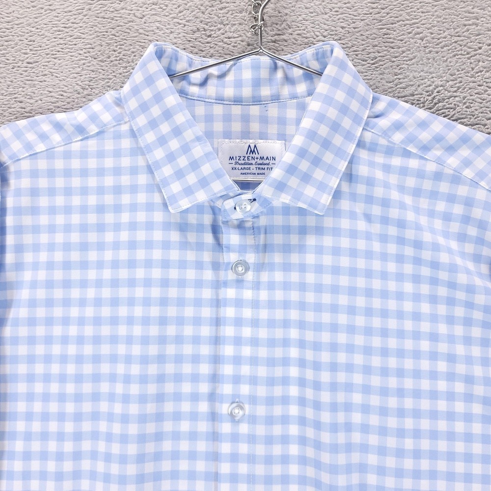 Mizzen Main Shirt Mens 2XL‎ Blue Gingham Trim Fit Long Sleeve Button Down